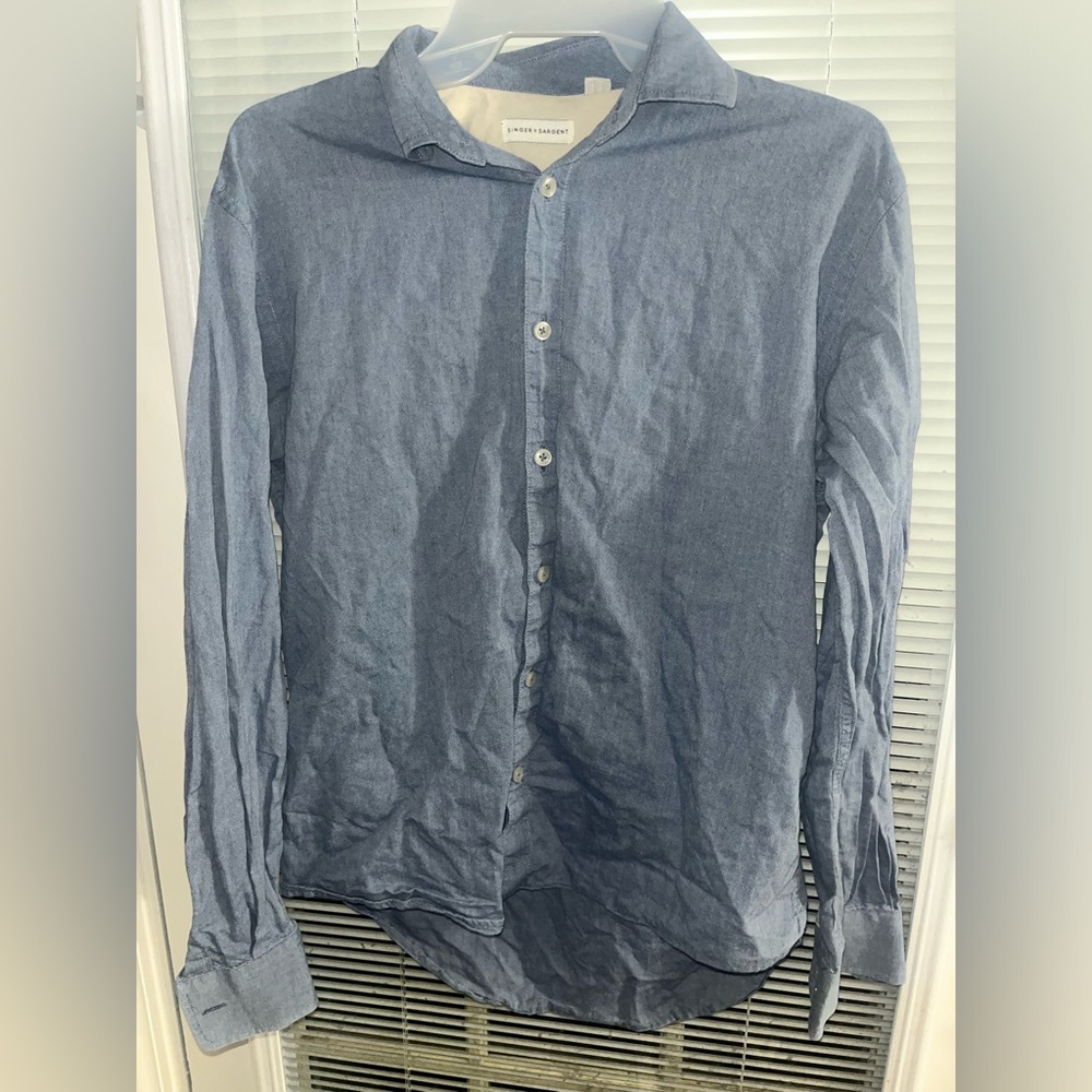 Singer + Sargent 100% cotton small men’s blue button down long sleeve shirt